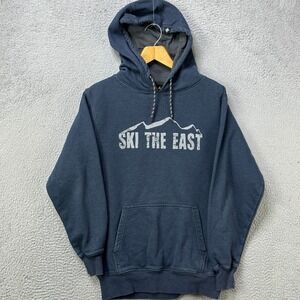 Ski The East Born From Ice Mens Small Hoodie Sweatshirt Pullover Blue Pockets